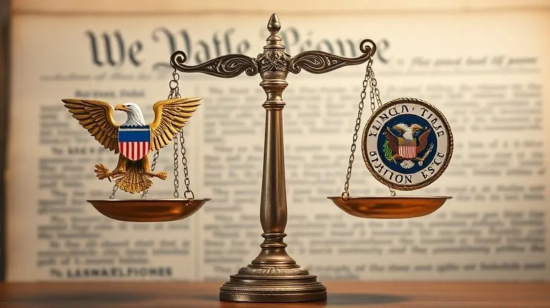 A photorealistic, professional photography, 8K, cinematic lighting image of a classical scale of justice, with one side weighted by a large, ornate federal eagle and the other by a cluster of smaller, distinct state seals. The scale is perfectly balanced, sharp focus on the equilibrium, depth of field blurring the background of a constitutional text. The image symbolizes the delicate balance of federalism.