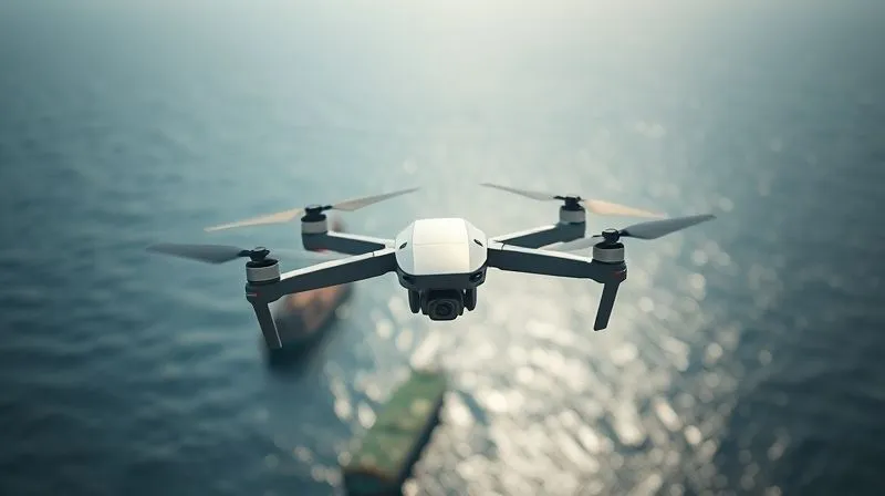 A photorealistic, professional photography image of a high-tech drone flying over a vast, calm ocean, with a distant commercial vessel visible. The drone is sleek and modern, equipped with advanced cameras and sensors, capturing data. The scene is bathed in natural daylight, sharp focus on the drone and its perspective, depth of field blurring the distant vessel, 8K hyper-detailed, shot on a high-end DSLR, emphasizing surveillance technology.