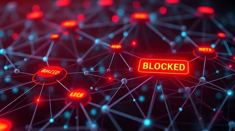 A photorealistic, professional photography, 8K, cinematic lighting, sharp focus, depth of field, shot on a high-end DSLR, depicting a complex digital network with some nodes highlighted in stark red and bearing a 'blocked' symbol, symbolizing government internet blocking. The network is intricate, with data flowing freely in other areas, emphasizing restricted access.