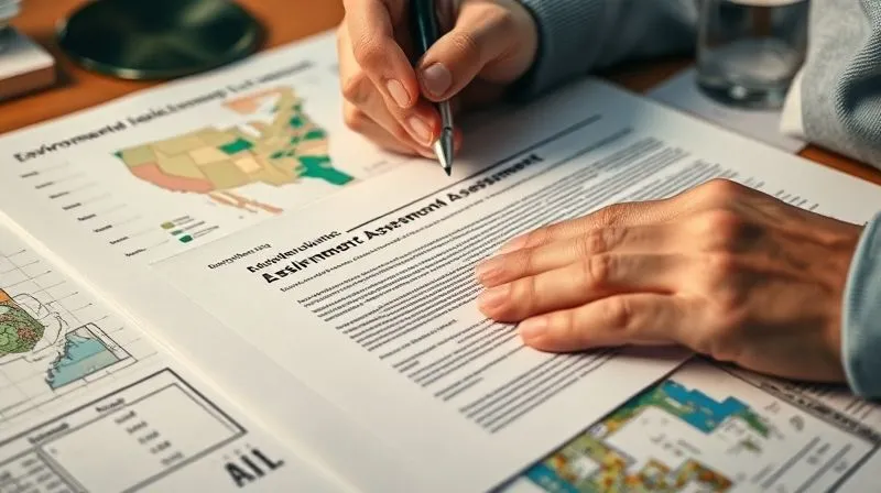 A photorealistic close-up of a hand meticulously highlighting text in a thick, complex environmental impact assessment document, with scientific charts and maps spread across a desk, professional photography, 8K, cinematic lighting, sharp focus, depth of field, shot on a high-end DSLR. The scene conveys intense concentration and discovery of critical details.