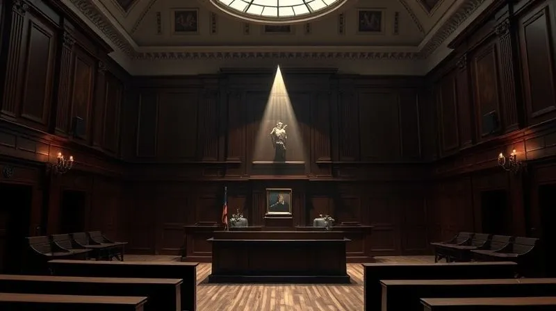 A photorealistic, professional photography, 8K, cinematic lighting, sharp focus, depth of field, shot on a high-end DSLR, of a grand, empty courtroom, with a single ray of cinematic light shining on the judge's bench, symbolizing the gravity and finality of judicial review as a last resort in legal challenges.