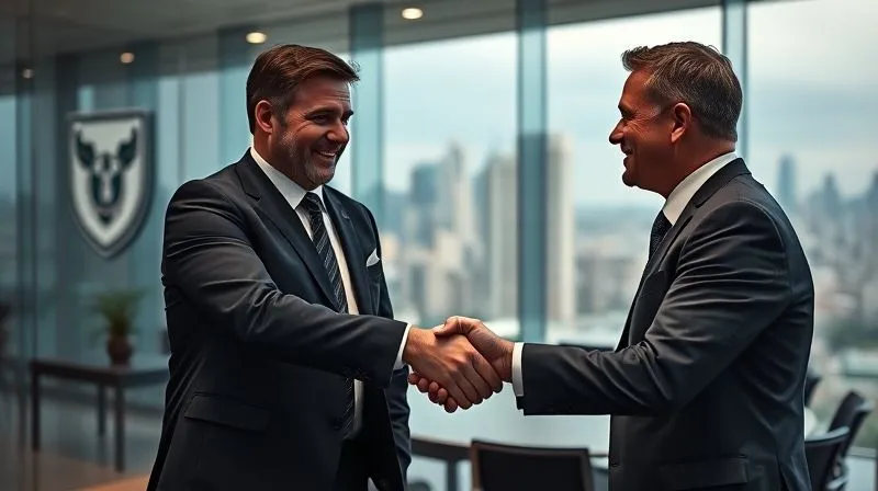 A photorealistic, professional photography, 8K, cinematic lighting, sharp focus, depth of field, shot on a high-end DSLR, of two sports executives shaking hands in a modern, glass-walled office, with a subtle team logo on the wall and a city skyline in the background, conveying reconciliation, strategic partnership, and maintaining long-term relationships after a challenge.