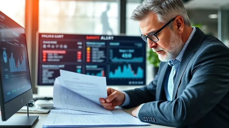A professional photograph of a person, likely a business owner or lawyer, intently reviewing complex legal documents and a digital dashboard displaying regulatory alerts, with a serious and focused expression. The setting is a modern office with natural light, emphasizing diligence and foresight. Photorealistic, 8K, cinematic lighting, sharp focus, depth of field, shot on a high-end DSLR.