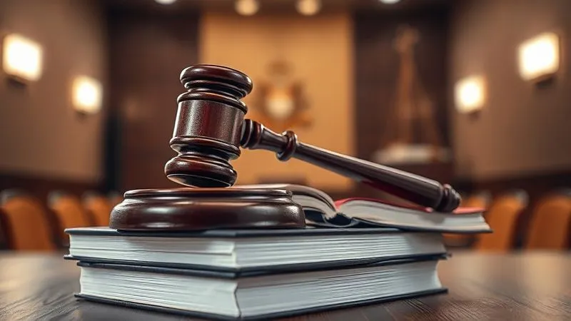 A close-up, photorealistic image of a gavel resting on a stack of legal texts, with a blurred background of a modern courtroom. The lighting is dramatic, highlighting the texture of the wood and the pages, symbolizing legal authority and the weight of judicial decisions. 8K, cinematic lighting, sharp focus, depth of field, shot on a high-end DSLR.