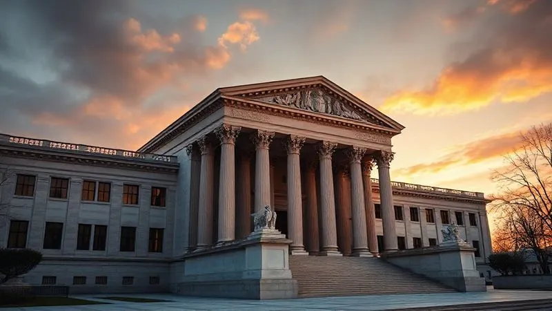 A grand, imposing federal courthouse exterior at dawn, with classical architecture and columns, bathed in dramatic cinematic light. The scene conveys a sense of solemnity and the weight of justice. Photorealistic, 8K, cinematic lighting, sharp focus, depth of field, shot on a high-end DSLR.