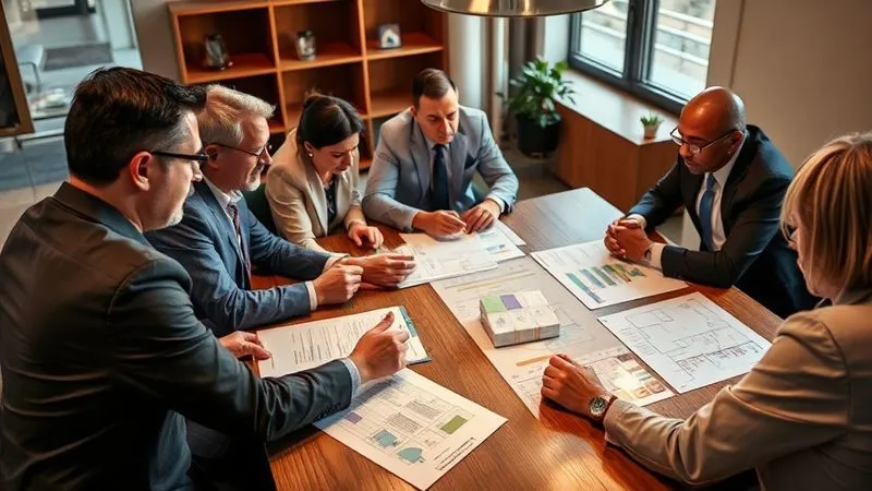 A photorealistic, professional photography, 8K, cinematic lighting, sharp focus, depth of field, shot on a high-end DSLR of a diverse group of professionals (business owners, lawyers, community leaders) gathered around a table, engaged in an earnest discussion, with documents and charts spread out. The mood is collaborative and determined, symbolizing strategic planning and coalition building.