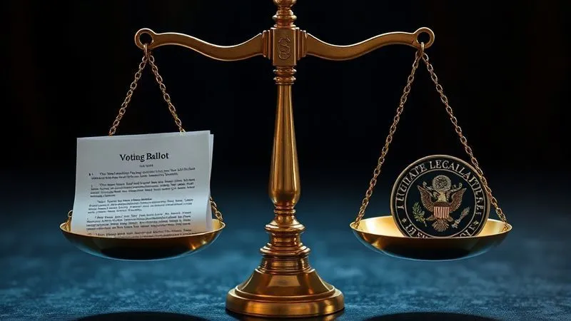 A photorealistic image depicting the scales of justice perfectly balanced, with legal texts and a voting ballot on one side, and a state legislative seal on the other, under dramatic cinematic lighting. Sharp focus on the scales, depth of field blurring the background. Professional photography, 8K, shot on a high-end DSLR.