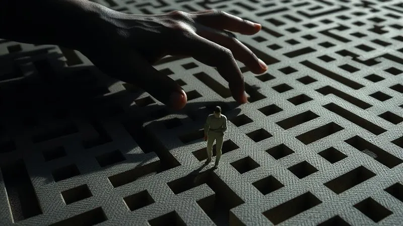 A photorealistic image of a maze with a dark, ominous shadow of a hand reaching in, representing the deceptive nature of predatory lending. In the foreground, a small, struggling figure is trying to navigate the complex paths. Professional photography, 8K, cinematic lighting, sharp focus, depth of field, shot on a high-end DSLR.