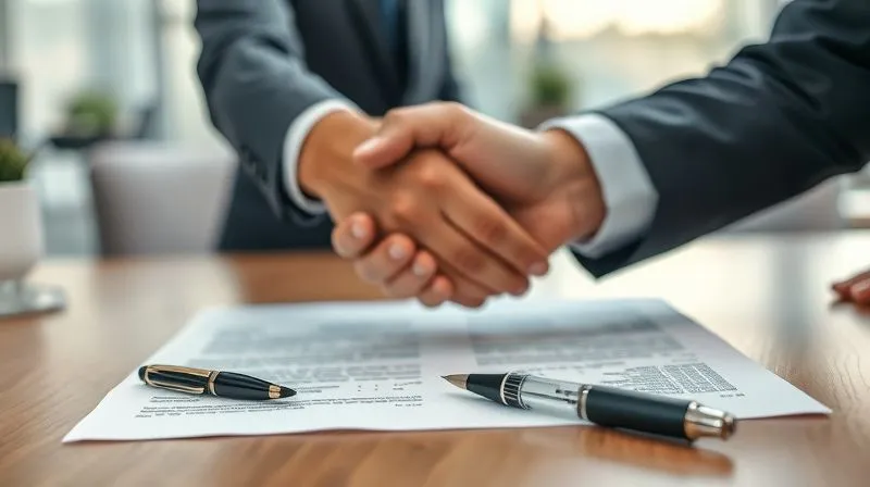 A photorealistic image of two hands shaking over a table, with legal documents and a pen in the foreground, signifying a resolution or negotiation. The background is a blurred, modern office setting. Professional photography, 8K, cinematic lighting, sharp focus, depth of field, shot on a high-end DSLR.