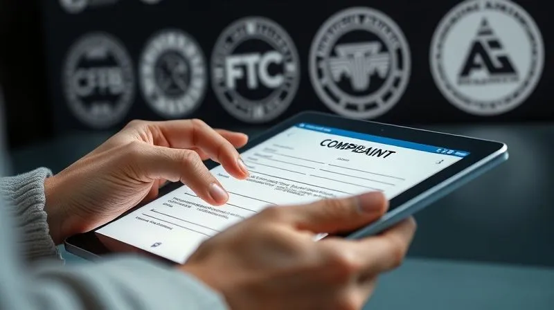 A photorealistic image of a person filling out a digital complaint form on a tablet, with various government agency logos (CFPB, FTC, State AG) subtly visible in the background, representing the act of reporting. Cinematic lighting, sharp focus on the tablet, depth of field. Professional photography, 8K, shot on a high-end DSLR.