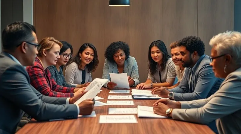 A diverse group of community members and legal professionals gathered around a conference table, reviewing documents, with a sense of determined collaboration, photorealistic, professional photography, 8K, cinematic lighting, sharp focus, depth of field, shot on a high-end DSLR.