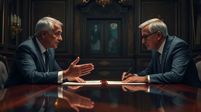 Photorealistic, professional photography, 8K, cinematic lighting, sharp focus, depth of field, shot on a high-end DSLR. Two diplomats in a dimly lit, ornate room, engaged in intense discussion across a polished wooden table. One diplomat gestures with an open hand towards a document, while the other listens intently, a sense of tension and negotiation in the air.