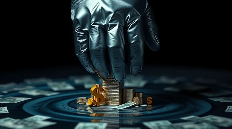 Photorealistic, professional photography, 8K, cinematic lighting, sharp focus, depth of field, shot on a high-end DSLR. A stylized, abstract representation of economic pressure. A heavy, metallic hand presses down on a fragile structure of currency and trade symbols, with ripples of impact spreading outwards. Dark, dramatic lighting.