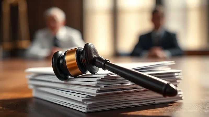Photorealistic, professional photography, 8K, cinematic lighting, sharp focus, depth of field, shot on a high-end DSLR. A gavel rests heavily on a stack of legal documents with blurred figures of judges in the background. The scene conveys gravity and the pursuit of justice, with dramatic shadows and light emphasizing the legal instruments.