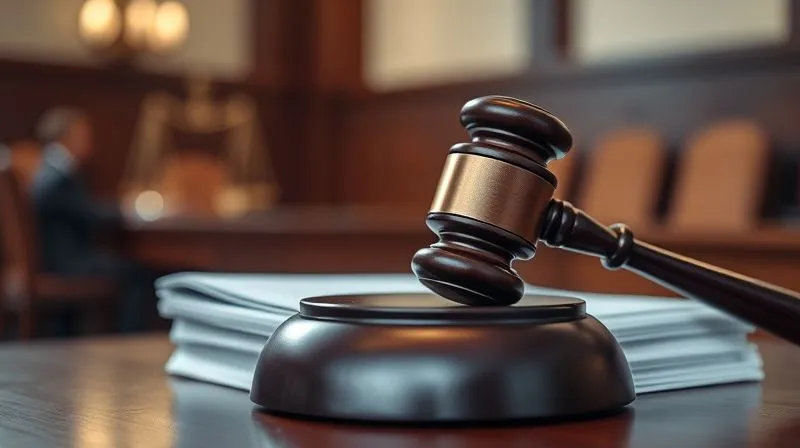 A photorealistic, professional photography image of a judge's gavel resting on a stack of legal documents, with a blurred background showing a courtroom setting. The gavel is in sharp focus, symbolizing legal authority and finality. Cinematic lighting, depth of field, 8K hyper-detailed, shot on a high-end DSLR.