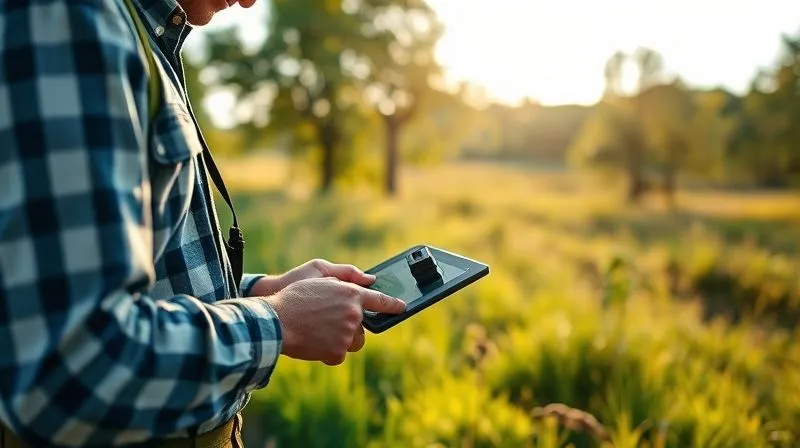 photorealistic, professional photography, 8K, cinematic lighting, sharp focus, depth of field, shot on a high-end DSLR, a land trust staff member meticulously documenting a conservation easement boundary with a tablet and GPS device, lush natural landscape in the background, sunlight filtering through trees, symbolizing proactive land stewardship and data collection.