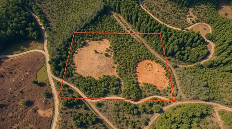 photorealistic, professional photography, 8K, cinematic lighting, sharp focus, depth of field, shot on a high-end DSLR, a detailed aerial drone shot of a conservation easement, showing clear boundaries and an area of recent, unauthorized clearing, with overlaid GIS data points and measurements highlighting the infringement, symbolizing precise geospatial evidence for legal defense.