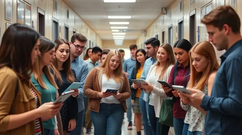 A photorealistic, professional photography, 8K, cinematic lighting, sharp focus, depth of field, shot on a high-end DSLR image of a diverse group of students and teachers in a school hallway, looking engaged and supportive, with subtle visual cues of digital devices being used responsibly. The overall atmosphere is one of safety and community.