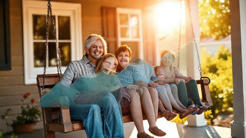 A photorealistic image of a happy family (two adults, two children) sitting on the porch swing of a charming, well-maintained home, bathed in warm afternoon sunlight. A subtle, transparent overlay of a financial chart showing increasing value is faintly visible in the background, symbolizing financial growth and homeownership, professional photography, 8K, cinematic lighting, sharp focus, depth of field.