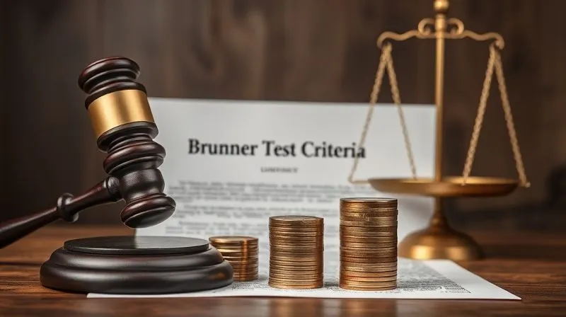 A photorealistic image of a legal document titled 'Brunner Test Criteria' with a gavel and a stack of coins balanced precariously on a scale in the background, symbolizing the strict legal standard and financial burden. 8K, cinematic lighting, sharp focus on the document, depth of field, shot on a high-end DSLR.