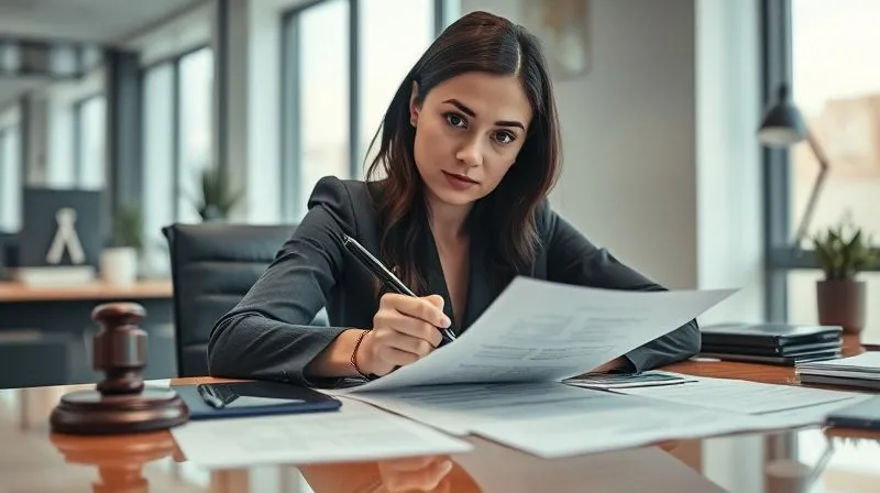 A photorealistic, professional photography image of a determined individual, possibly a woman, looking thoughtfully at a collection of organized legal documents and financial statements spread across a polished desk, with a pen in hand. The setting is a modern, clean office space, conveying a sense of focused effort and strategic planning. 8K, cinematic lighting, sharp focus on the individual and documents, depth of field, shot on a high-end DSLR.