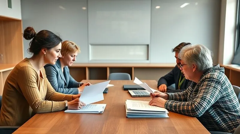 A photorealistic image of a diverse group of educators, including a special education teacher, general education teacher, and school administrator, alongside a parent, seated around a conference table engaged in serious discussion, reviewing documents and a student's file. The atmosphere is professional yet empathetic, with a focus on collaborative problem-solving under cinematic lighting, sharp focus on their expressions, 8K hyper-detailed.
