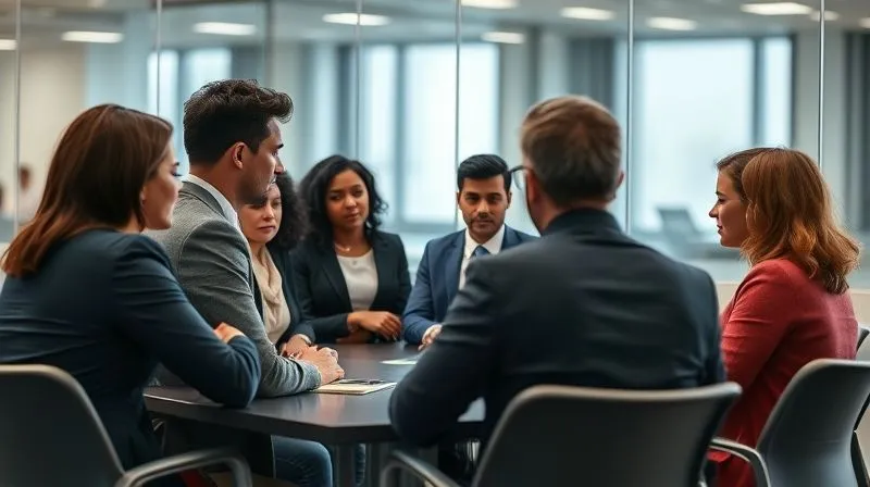 A photorealistic image showing a diverse group of employees engaged in a difficult conversation with an HR representative in a modern, glass-walled meeting room. The atmosphere is tense but professional, with a focus on communication and conflict resolution. Cinematic lighting, sharp focus on the individuals, depth of field blurring the background, 8K hyper-detailed, professional photography, shot on a high-end DSLR.