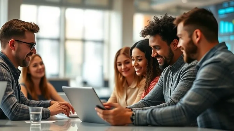 A photorealistic image of a diverse group of employees collaboratively working on a digital project, fostering a positive and inclusive atmosphere. The setting is a modern, open-plan office, with natural light and subtle digital interfaces in the background, symbolizing a harmonious digital workplace. Cinematic lighting, sharp focus on the group, depth of field blurring the background, 8K hyper-detailed, professional photography, shot on a high-end DSLR.