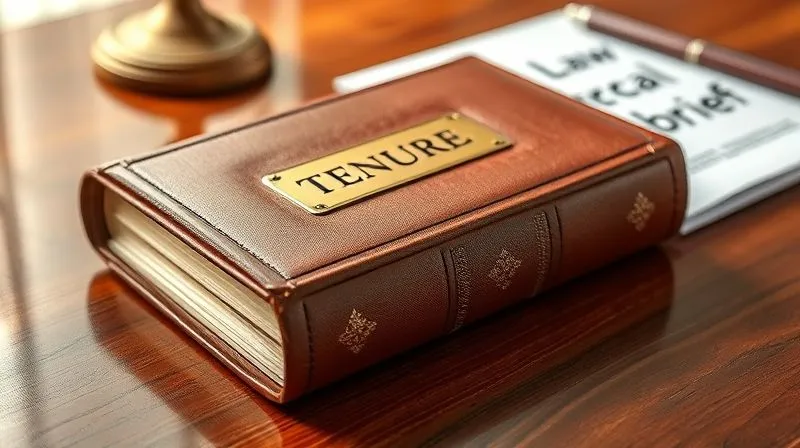 A photorealistic image of a vintage, leather-bound academic textbook with a golden "TENURE" plaque, resting on a polished wooden desk next to a modern legal brief, symbolizing the intersection of academic tradition and contemporary law. Cinematic lighting, sharp focus, depth of field, 8K hyper-detailed, shot on a high-end DSLR.