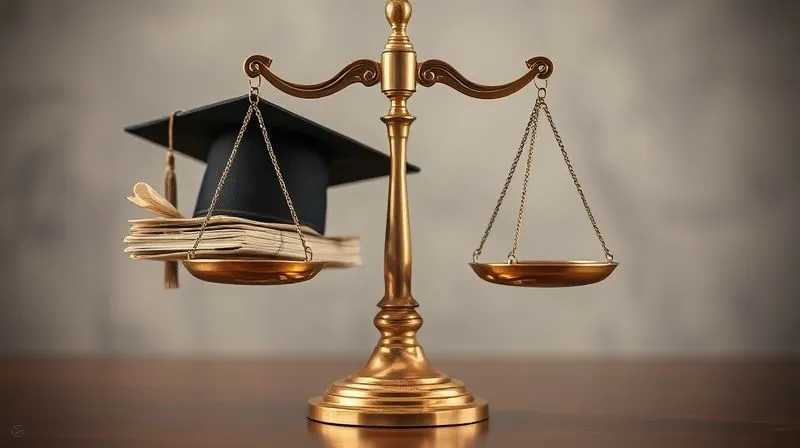 A photorealistic image of a vintage brass scale of justice, perfectly balanced, with legal documents on one side and a single academic cap on the other, symbolizing fair due process in higher education. Cinematic lighting, sharp focus, depth of field, 8K hyper-detailed, shot on a high-end DSLR.