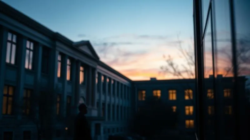 A photorealistic image of a university building facade at twilight, with the silhouette of a thoughtful individual looking out a window. The scene is professional, conveying introspection and the weight of institutional decisions. Cinematic lighting, sharp focus, depth of field, 8K hyper-detailed, shot on a high-end DSLR.