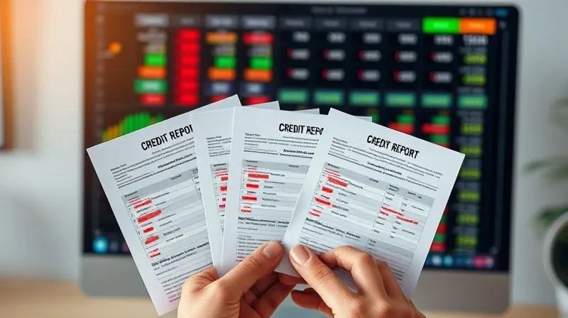 A photorealistic image of a person's hands holding three different credit reports, highlighted with red markers on fraudulent entries, against a backdrop of a blurred computer screen showing financial data. Cinematic lighting, sharp focus, 8K, professional photography, depth of field.