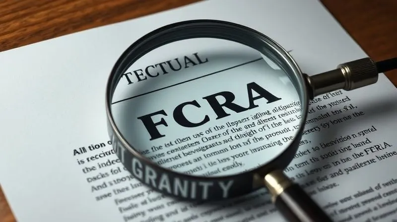 A photorealistic image of a legal document highlighting specific sections of the FCRA, with a magnifying glass over the text, symbolizing legal scrutiny and protection. Professional photography, 8K, sharp focus, cinematic lighting.