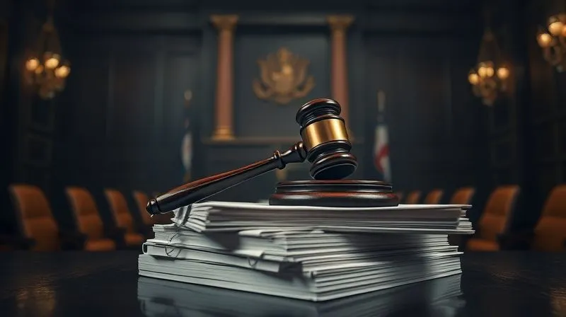 A photorealistic image of a gavel on a stack of legal documents in a dimly lit courtroom, with a sense of gravity and finality. Cinematic lighting, sharp focus on the gavel, 8K, professional photography, depth of field.