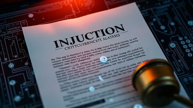 photorealistic, professional photography, 8K, cinematic lighting, sharp focus, depth of field, shot on a high-end DSLR. A stylized legal injunction document, partially digital and glowing, overlaid on a secure digital wallet interface displaying frozen cryptocurrency assets. The scene conveys a sense of legal authority extending into the digital realm, with sharp focus on the details of both the document and the digital interface.