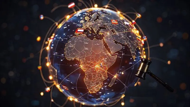 A photorealistic, professional photography image of a stylized globe with glowing lines connecting various countries, representing data flow and legal jurisdictions. Overlaid are various national flags and legal gavels, symbolizing the complexity of international law. The image uses 8K resolution, cinematic lighting, sharp focus on the central globe, and a shallow depth of field, shot on a high-end DSLR.