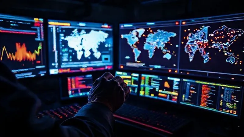A photorealistic, professional photography image depicting a digital forensics expert analyzing glowing data streams on multiple screens in a dark, high-tech control room. The screens display intricate graphs, code, and global maps with highlighted infringement hotspots, emphasizing data analysis and vigilant monitoring. The image uses 8K resolution, cinematic lighting, sharp focus on the expert's hands and screens, and a shallow depth of field, shot on a high-end DSLR.