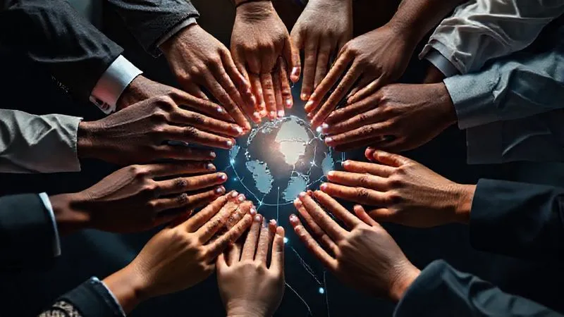 A photorealistic, professional photography image of diverse hands from various ethnicities and professional backgrounds (symbolizing legal, tech, and business) coming together to form a unified structure, with a glowing digital network overlay. The image conveys collaboration and a global ecosystem for digital rights protection. 8K resolution, cinematic lighting, sharp focus on the hands, depth of field, shot on a high-end DSLR.