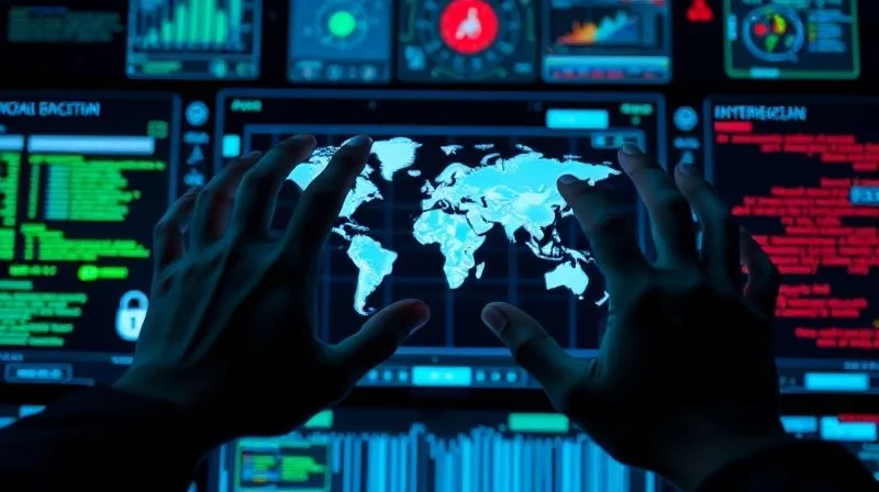 A photorealistic, professional photography image of a cybersecurity expert's hands hovering over multiple holographic screens displaying complex data visualizations, network graphs, and lines of code. The central screen shows a world map with digital traces leading to a specific server location. The atmosphere is intense and focused, with dramatic blue and green cinematic lighting. 8K, sharp focus on the hands and screens, depth of field, shot on a high-end DSLR.