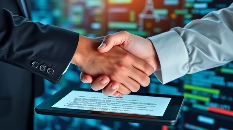 photorealistic, professional photography, 8K, cinematic lighting, sharp focus, depth of field, shot on a high-end DSLR. Two professionals shaking hands over a digital tablet displaying a complex legal contract, with blurred lines of code and data flowing in the background, symbolizing secure digital agreements in technology. The handshake is firm, conveying trust and collaboration.