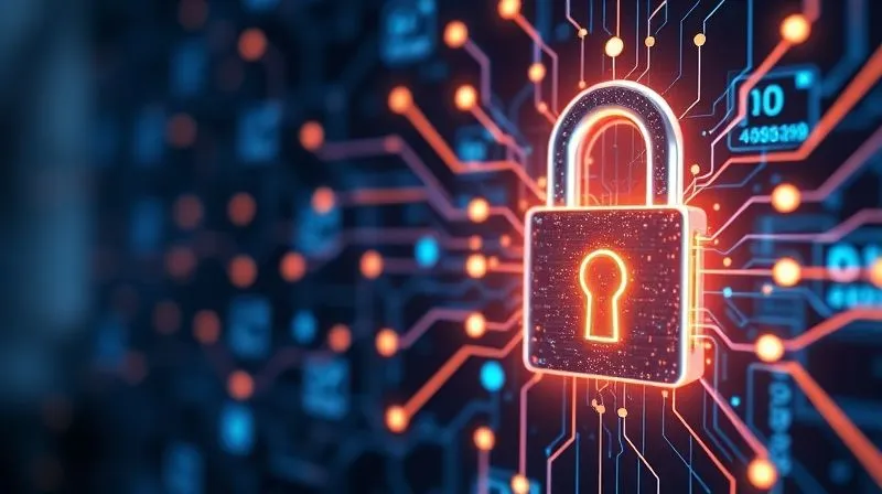 photorealistic, professional photography, 8K, cinematic lighting, sharp focus, depth of field, shot on a high-end DSLR. A stylized, glowing neural network diagram overlaid on a secure digital lock, with data streams flowing through protective barriers. The image conveys sophisticated technology designed with inherent security and privacy, emphasizing 'privacy by design'.