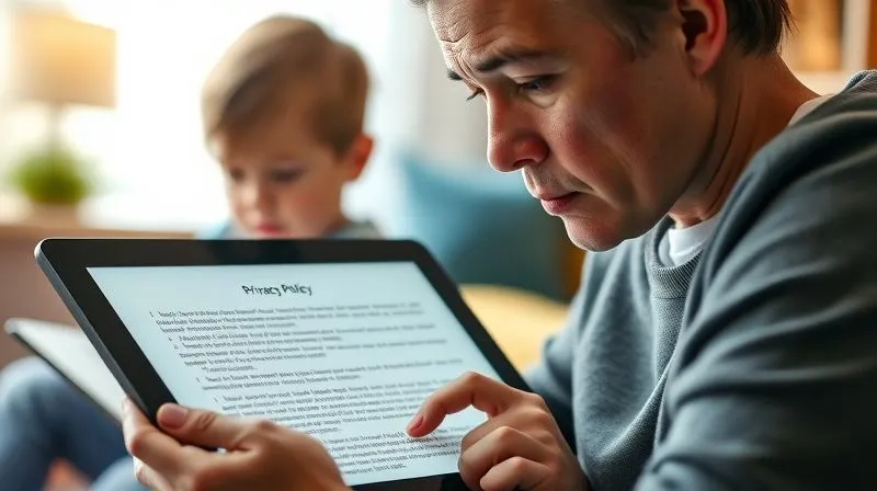 photorealistic, professional photography, 8K, cinematic lighting, sharp focus, depth of field, shot on a high-end DSLR. A concerned parent thoughtfully reviewing a privacy policy on a tablet screen, with a child in the background engaged with an educational app. The parent's face shows focus and deliberation, highlighting the importance of clear communication regarding student data in EdTech.