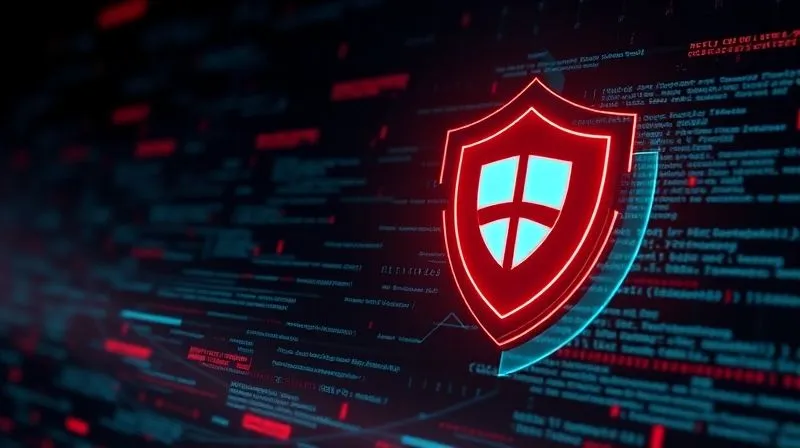 photorealistic, professional photography, 8K, cinematic lighting, sharp focus, depth of field, shot on a high-end DSLR. A futuristic digital shield icon protecting a stream of complex data and lines of code, against a dark, threatening background with subtle red warnings. The image conveys robust digital defense and immediate protection against cyber threats.