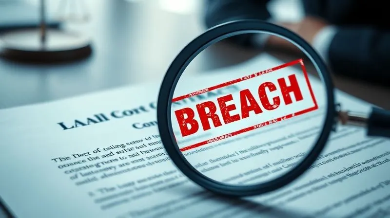 photorealistic, professional photography, 8K, cinematic lighting, sharp focus, depth of field, shot on a high-end DSLR, a close-up of a legal contract document with a red 'BREACH' stamp prominently displayed, a magnifying glass hovering over specific clauses, the background is blurred but suggests a corporate office, conveying scrutiny and serious legal implications.