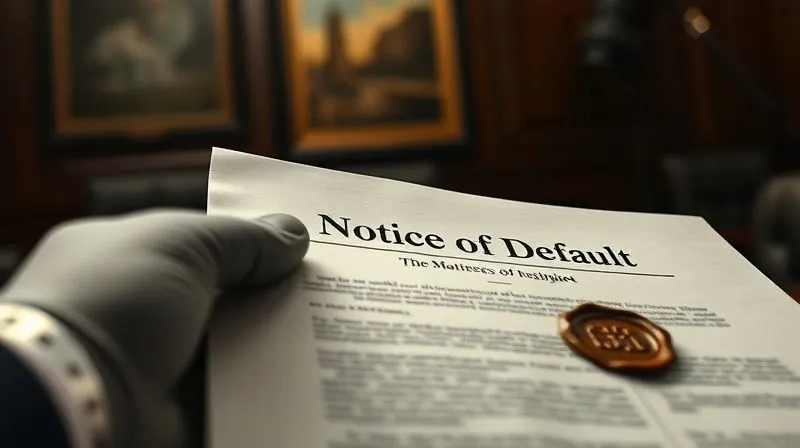 photorealistic, professional photography, 8K, cinematic lighting, sharp focus, depth of field, shot on a high-end DSLR, a close-up of a formal legal document titled 'Notice of Default' with a wax seal, held by a gloved hand, the background is a dark, wood-paneled office, conveying seriousness and legal weight.
