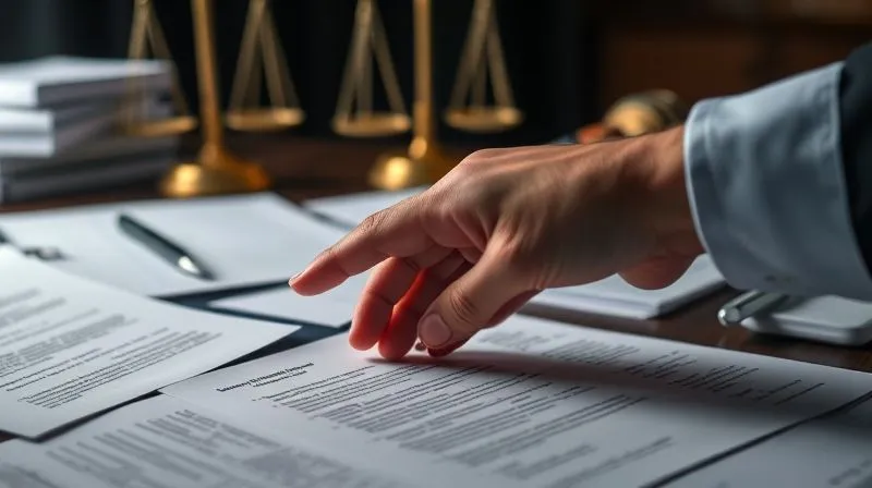 photorealistic, professional photography, 8K, cinematic lighting, sharp focus, depth of field, shot on a high-end DSLR, a lawyer's desk with multiple legal documents spread out, some highlighted, a gavel and scales of justice subtly in the background, a focused hand pointing to a specific clause on a document, conveying legal strategy and decision-making.