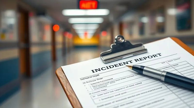 A photorealistic image of a clipboard with a pen, a school incident report form, and a blurred background of a school hallway with emergency lights. The focus is on the detailed report. professional photography, 8K, cinematic lighting, sharp focus, depth of field, shot on a high-end DSLR.