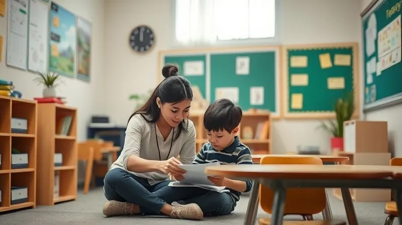 A photorealistic image of a dedicated, calm learning space within a school, perhaps a small classroom or resource room, with a teacher gently guiding a student. The setting should appear supportive and structured, emphasizing an 'alternative' educational environment. professional photography, 8K, cinematic lighting, sharp focus, depth of field, shot on a high-end DSLR.