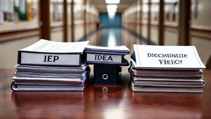 A photorealistic image of meticulously organized legal documents and binders labeled 'IEP', 'IDEA', and 'Discipline Policy' on a polished mahogany desk, with a blurred backdrop of a school hallway. Cinematic lighting, sharp focus on the documents, depth of field, 8K hyper-detailed, professional photography, shot on a high-end DSLR.