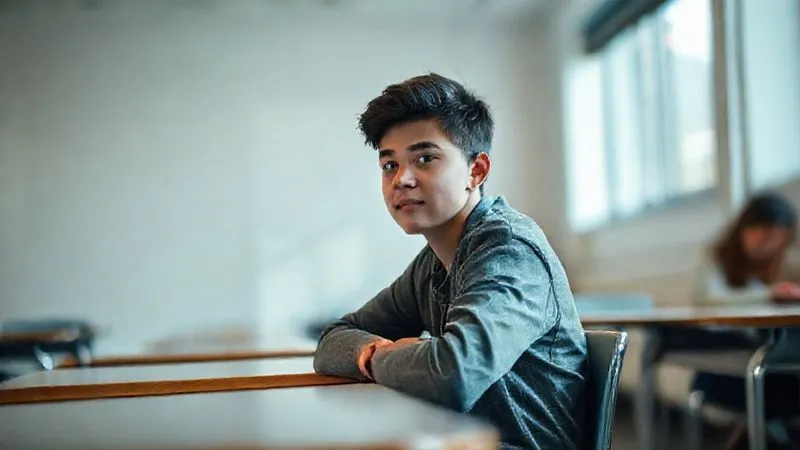 A photorealistic image of a single student sitting at a desk in a quiet, minimalist, but well-lit alternative learning environment, looking focused. The background is softly blurred, showing other desks but no distractions. Cinematic lighting, sharp focus on the student, depth of field, 8K hyper-detailed, professional photography, shot on a high-end DSLR, conveying a sense of focused learning despite a change of setting.
